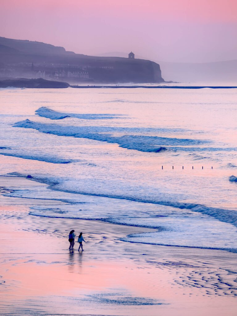 Mussenden Temple and beach at sunset, County Derry, Northern Ireland